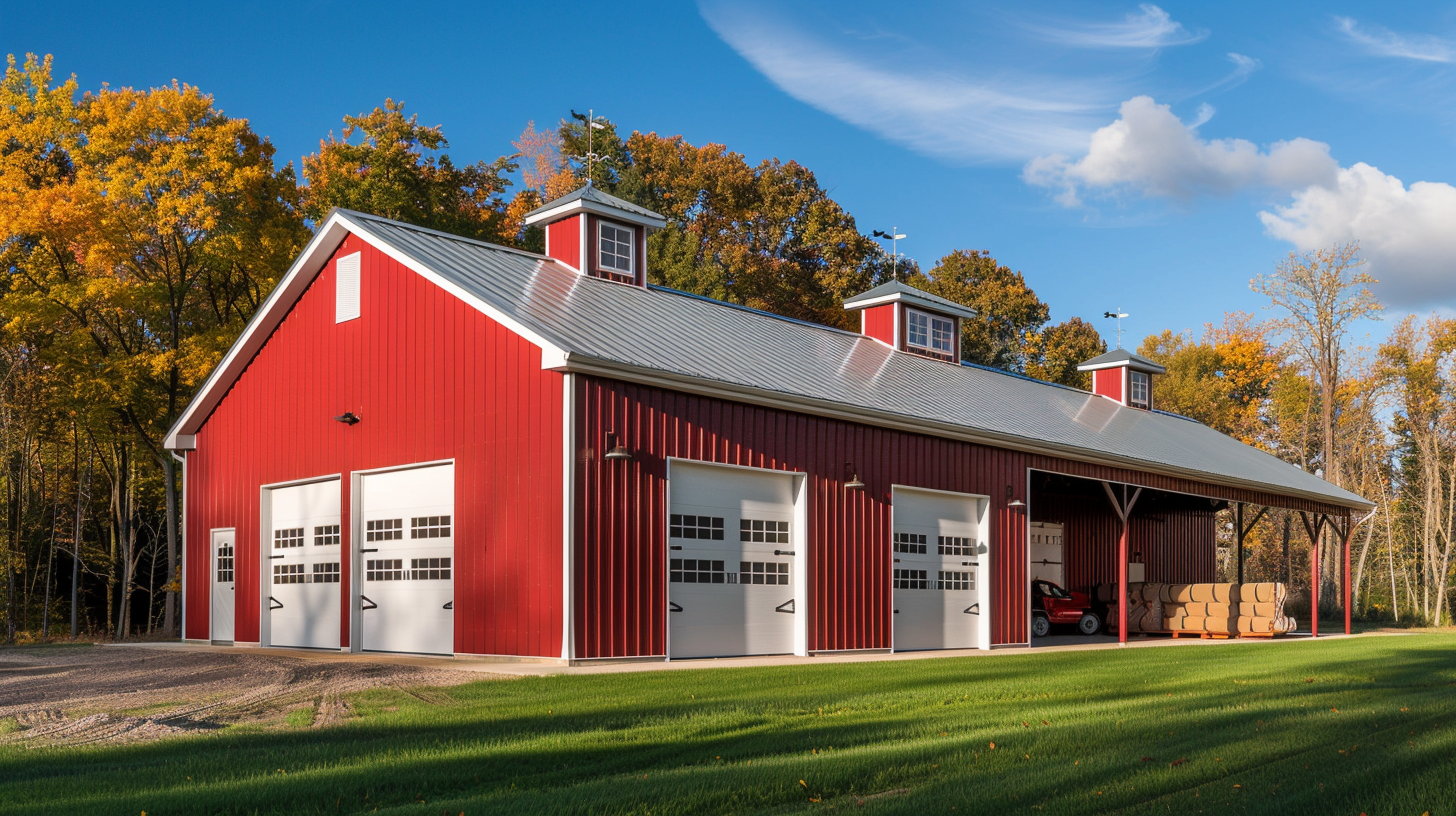 Large red agricultural pole barn with white sliding doors and cupolas in rural farm setting