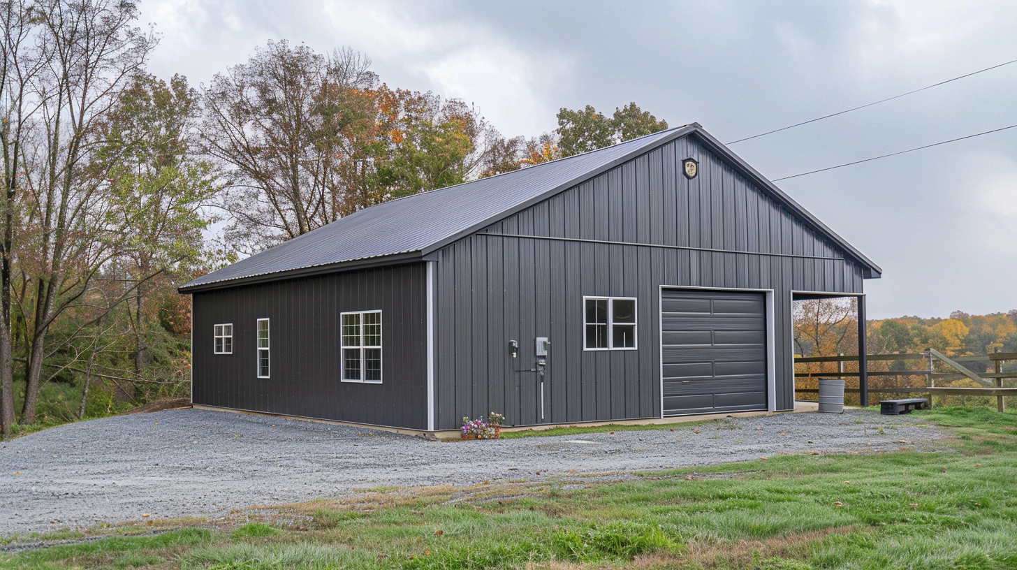 Modern grey commercial pole barn warehouse with multiple overhead doors and concrete apron