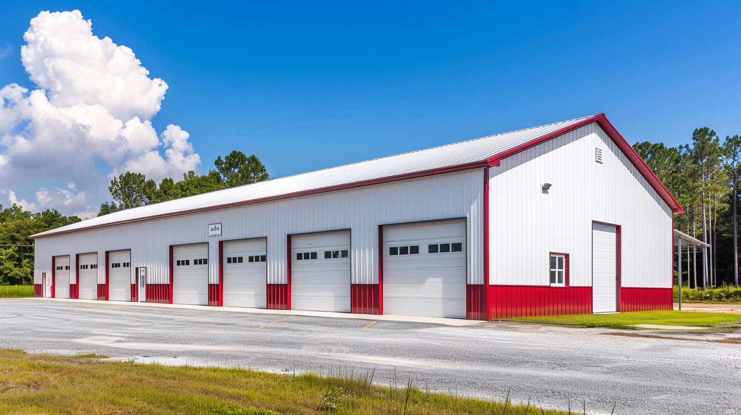Commercial vehicle storage building housing multiple school buses with large overhead doors