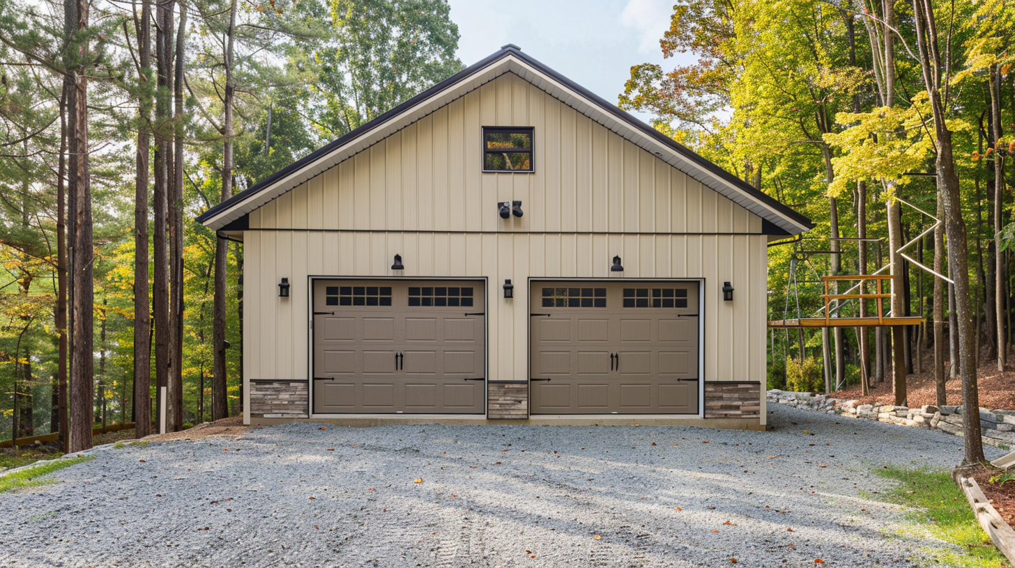 Compact grey residential pole barn garage with overhead door and windows on concrete foundation