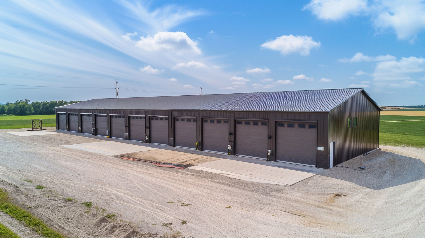 Large grey agricultural equipment storage building with massive sliding door opening
